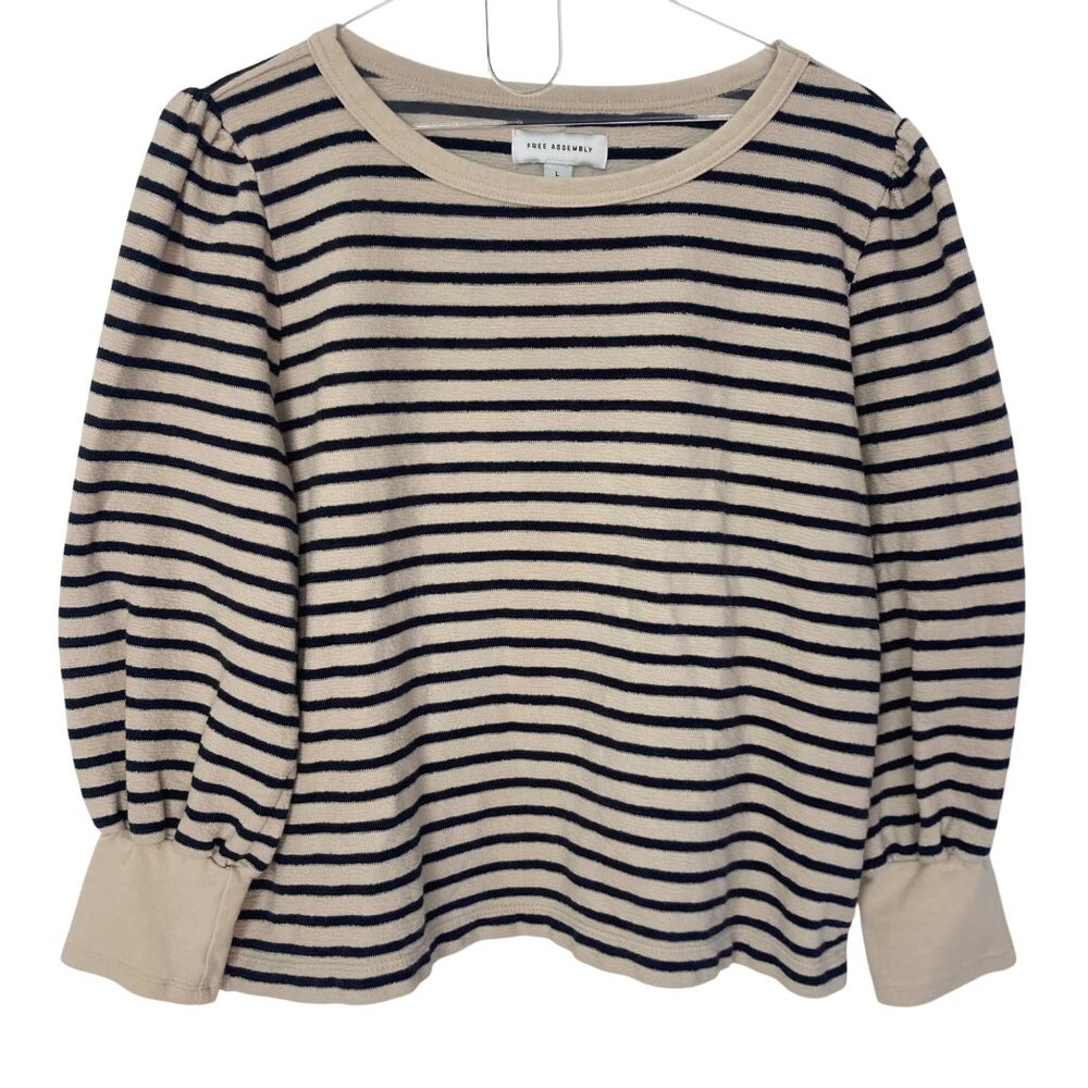 Free Assembly Nautical Striped Organic Cotton Top Womens Large Beige Blue Preppy